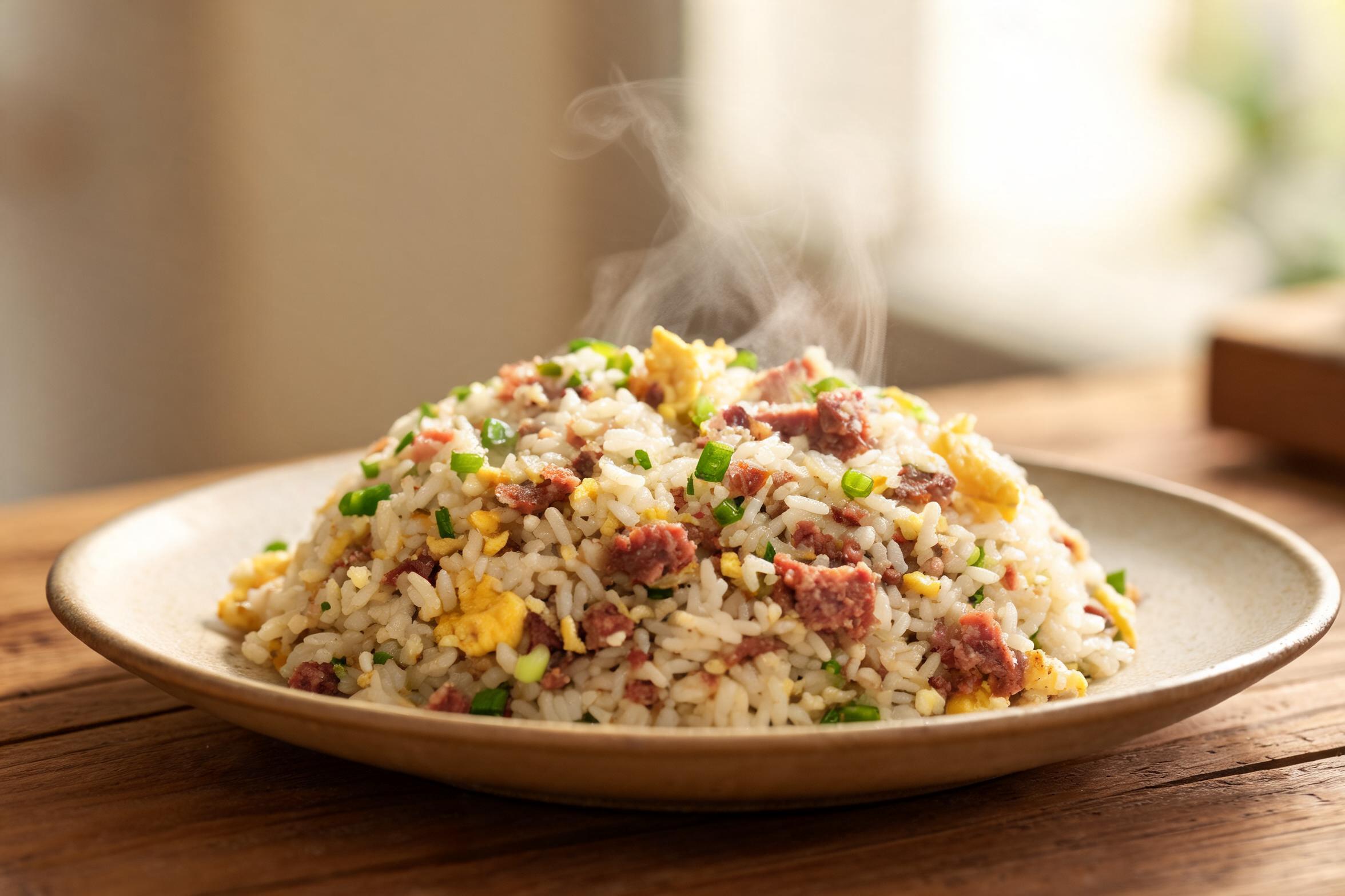 Aarroz frito con Corned Beef, salteado a fuego vivo